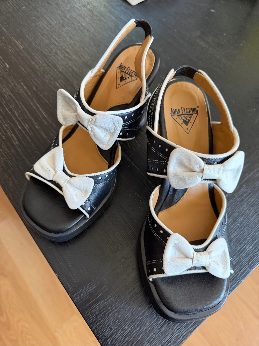 John Fluevog Black and White Bow Sandals